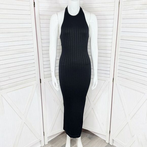 Pretty Little Thing Ribbed Knit Halter Neck Open Back Maxi Dress Black XS - Picture 1 of 12